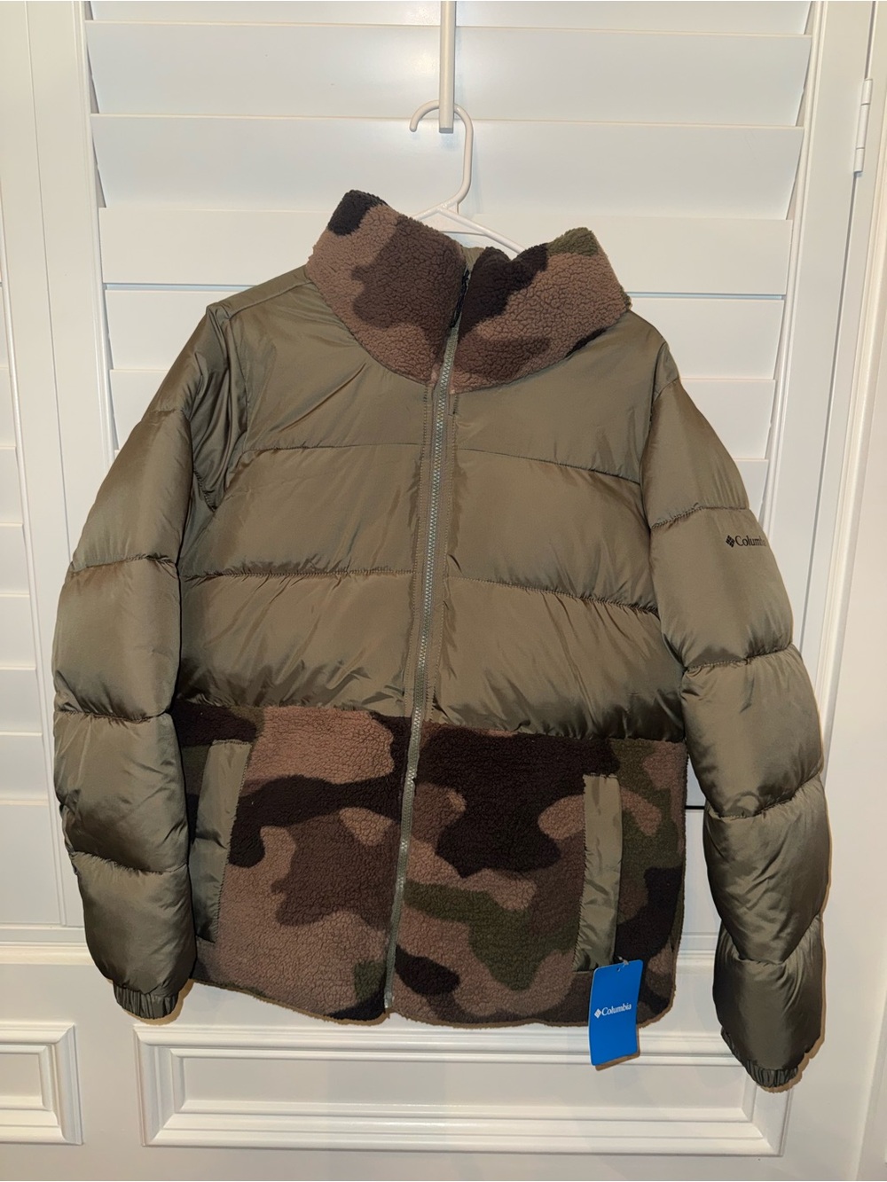 Ladies Columbia Stone Green Camo Sherpa Puffer Jacket Size Large - NWT